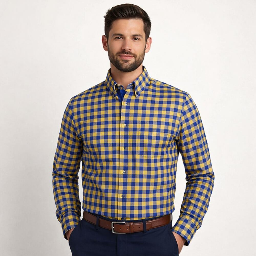 Paul Fredrick Men's 16.5 x 32 Classic Fit Blue Yellow Gingham Dress Shirt